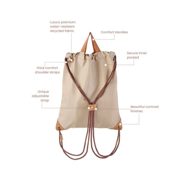 Premium Everyday and Travel Drawstring Bag infographic features