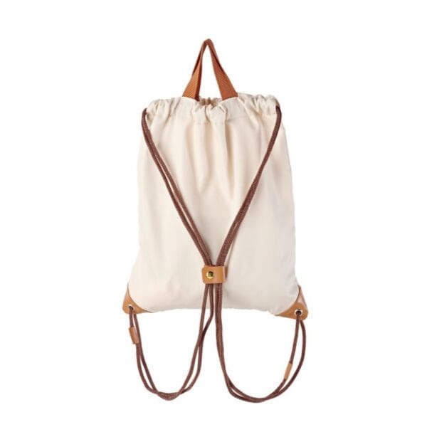 Eco-friendly drawstring day bag with adjustable straps, durable recycled fabric, and spacious compartments for gym essentials or travel gear