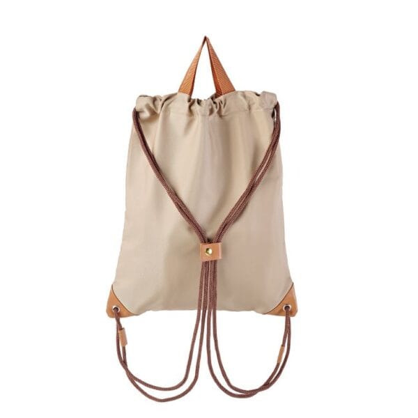 Back view of mocha Eco-friendly drawstring day bag with adjustable straps, durable recycled fabric, and spacious compartments for gym essentials or travel gear.