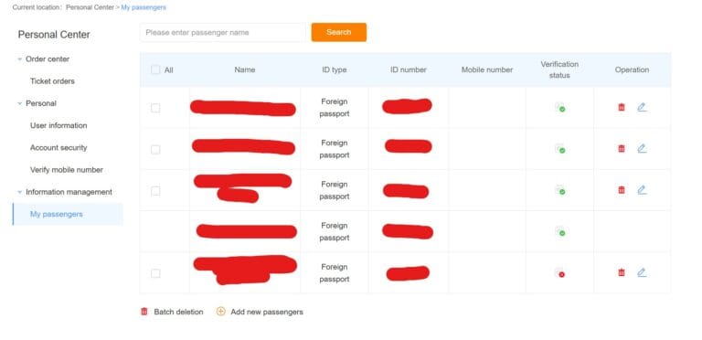 Screenshot of the 12306.com identity verification page for booking China high-speed train tickets, showing passport upload and verification steps for foreign travelers
