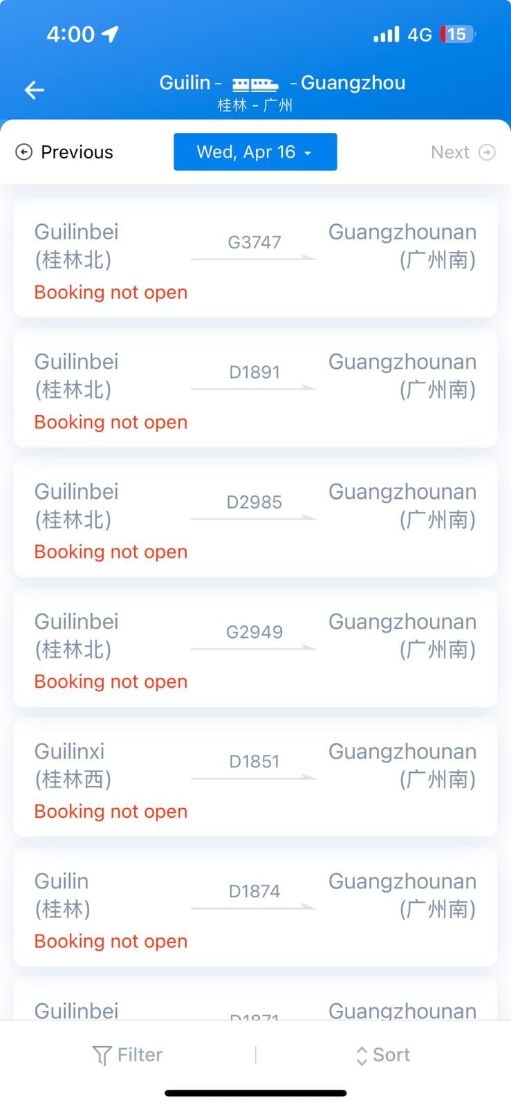 Train ticket booking unavailable due to China high-speed rail timetable adjustments; trains not available for sale for selected dates on booking platform