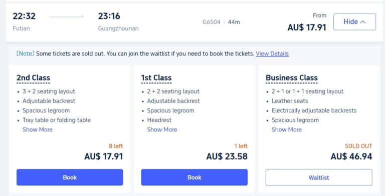 Trip.com train booking interface for China’s high-speed rail, displaying user-friendly search fields for departure and arrival cities, travel date, train options, seat classes, and secure payment methods