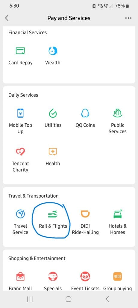 eChat app interface displaying high-speed train ticket booking process in China