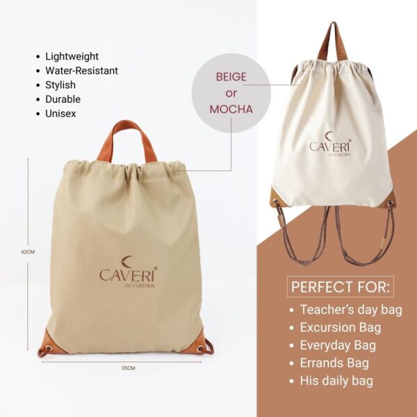 Drawstring bag available in beige or mocha, measuring 42cm by 35cm, with brown accents, Caveri branding, and listed features like lightweight, water-resistant, stylish, durable, and unisex.